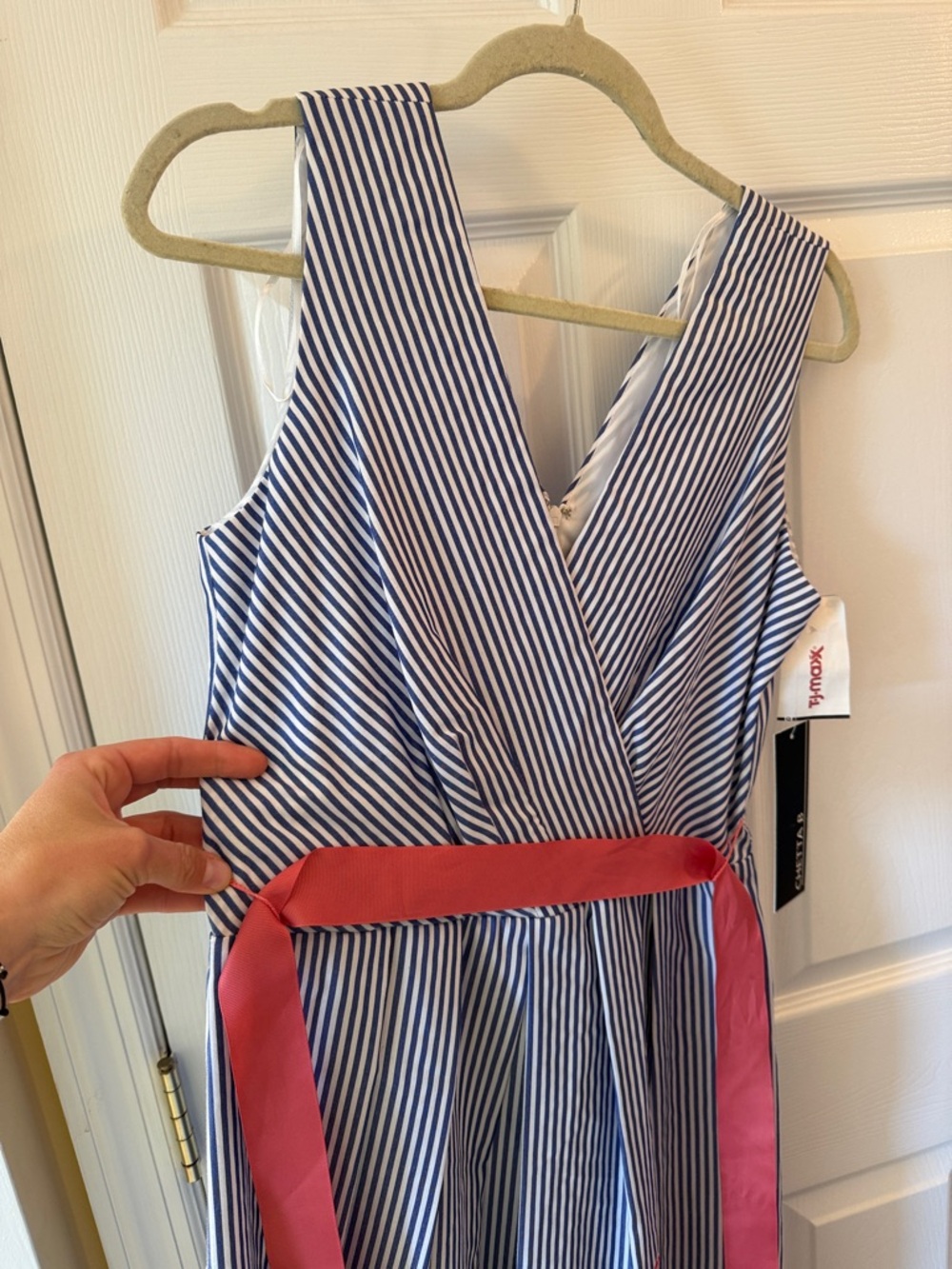 Blue and White Striped Sleeveless Dress with floral Accent - Picture 5 of 12